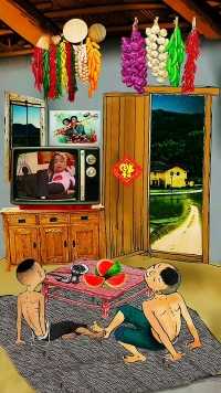 炎热的夏天，和朋友在屋里看看电视📺吃点儿西瓜🍉很美好的童年！