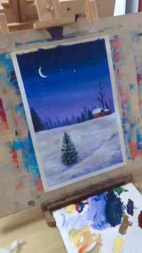水粉画月光下的雪景，关注我一起画画吧！  